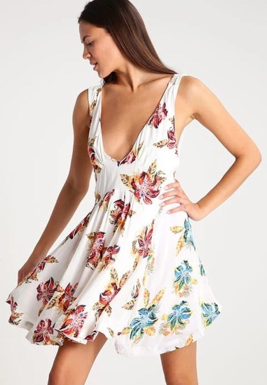 Free People Thought I Was Dreamin Floral V-Neck Mini Dress Neutral White Combo S